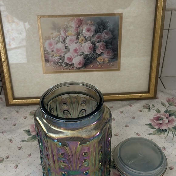 Vintage L.E. Smith Atterbury Scroll iridescent carnival glass canister jar - Picture 3 of 4